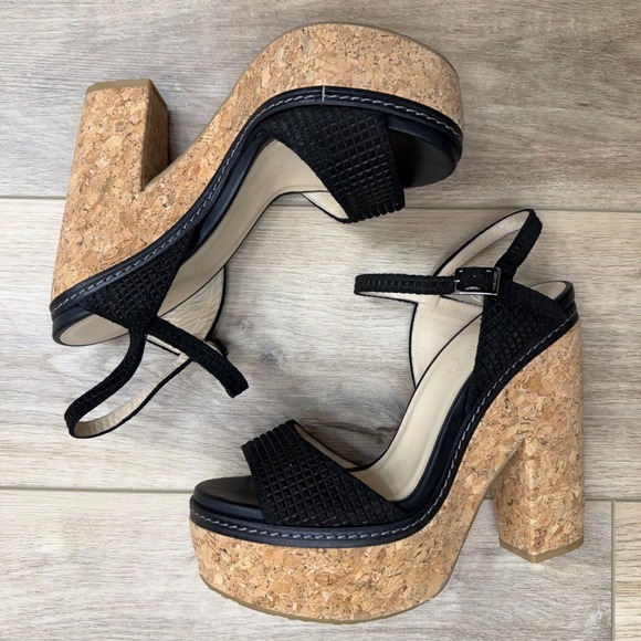 Jimmy Choo Naylor 135 Platform Sandals Black Suede Cork Heel Ankle‎ Strap Buckle - Picture 3 of 16
